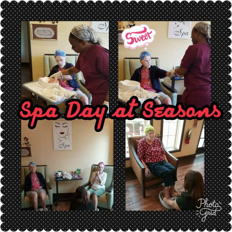 Residents enjoying a spa-day activity with facials and manicures at Seasons