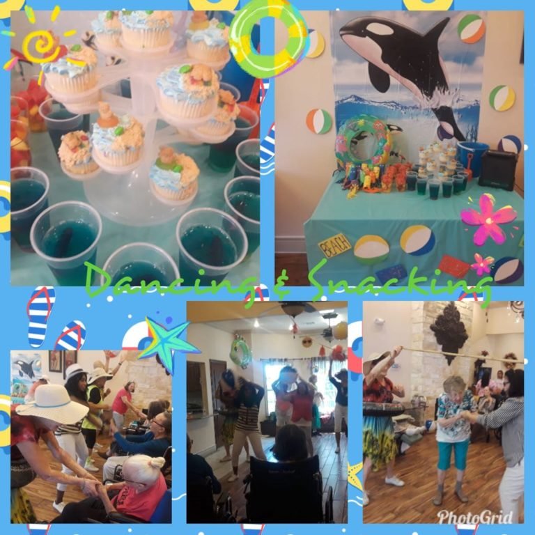 Residents and staff enjoying a beach-themed party at Seasons