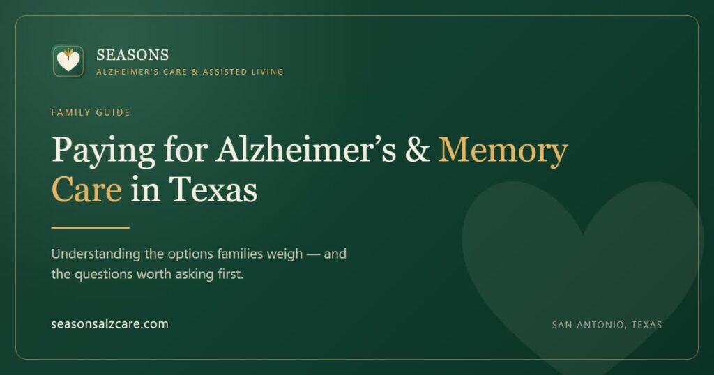 Seasons branded title card reading: Paying for Alzheimer’s and Memory Care in Texas
