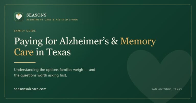 Seasons branded title card reading: Paying for Alzheimer’s and Memory Care in Texas