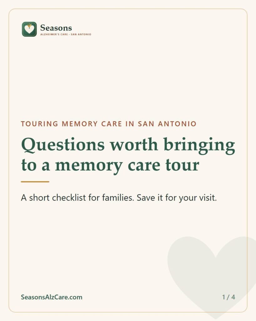 Touring memory care in San Antonio? Save this checklist for your visit. A tour is your chance to see everyday life up close. A…